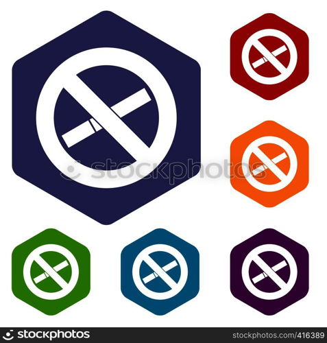 No smoking sign icons set rhombus in different colors isolated on white background. No smoking sign icons set