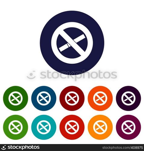 No smoking sign set icons in different colors isolated on white background. No smoking sign set icons