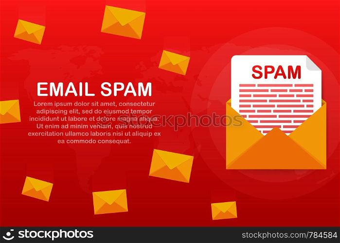 No spam. Spam Email Warning. Concept of virus, piracy, hacking and security. Envelope with spam. Vector illustration.. No spam. Spam Email Warning. Concept of virus, piracy, hacking and security. Envelope with spam. Vector stock illustration.