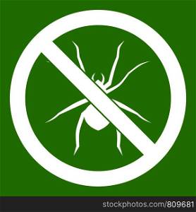 No spider sign icon white isolated on green background. Vector illustration. No spider sign icon green
