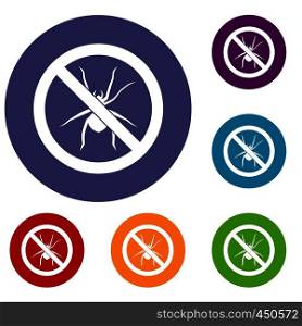 No spider sign icons set in flat circle reb, blue and green color for web. No spider sign icons set