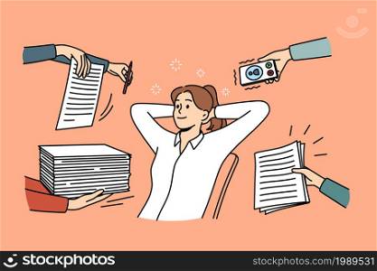No stress and relaxation at work concept. Young relaxed woman cartoon character sitting in office smiling zen like with many duties around vector illustration . No stress and relaxation at work concept.