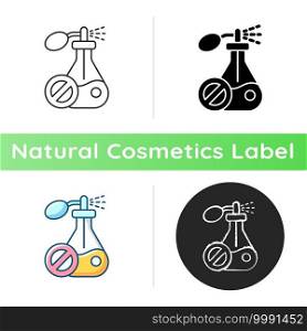 No synthetic fragrances icon. Natural cosmetics production with pure essential oils. Professional skincare. Linear black and RGB color styles. Isolated vector illustrations. No synthetic fragrances icon