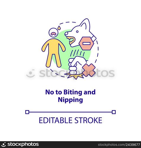 No to biting and nipping concept icon. Training dog tip abstract idea thin line illustration. Aggressive behavior. Isolated outline drawing. Editable stroke. Arial, Myriad Pro-Bold fonts used. No to biting and nipping concept icon
