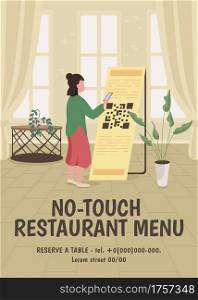 No-touch restaurant menu poster flat vector template. Contactless order in cafe. Brochure, booklet one page concept design with cartoon characters. Prevent virus spread flyer, leaflet. No-touch restaurant menu poster flat vector template