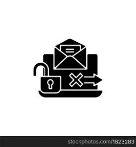 No transmission via email black glyph icon. Unencrypted email. Preventing security breach. Electronically transfer sensitive data. Silhouette symbol on white space. Vector isolated illustration. No transmission via email black glyph icon