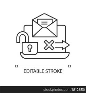 No transmission via email linear icon. Unencrypted email. Preventing security breach. Thin line customizable illustration. Contour symbol. Vector isolated outline drawing. Editable stroke. No transmission via email linear icon
