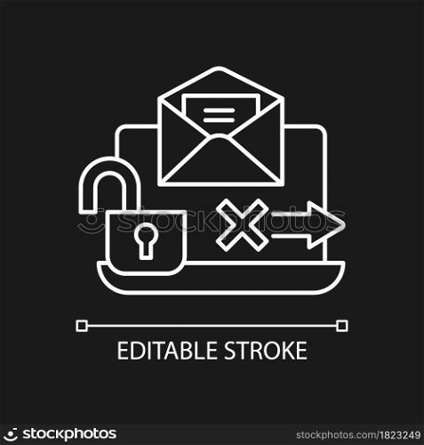 No transmission via email white linear icon for dark theme. Unencrypted email. Security breach. Thin line customizable illustration. Isolated vector contour symbol for night mode. Editable stroke. No transmission via email white linear icon for dark theme