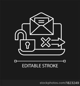 No transmission via email white linear icon for dark theme. Unencrypted email. Security breach. Thin line customizable illustration. Isolated vector contour symbol for night mode. Editable stroke. No transmission via email white linear icon for dark theme