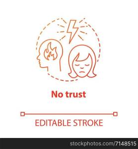 No trust concept icon. Lack of confidence with partner. Distrust in couple. Lost faith. Trouble relationship idea thin line illustration. Vector isolated outline drawing. Editable stroke