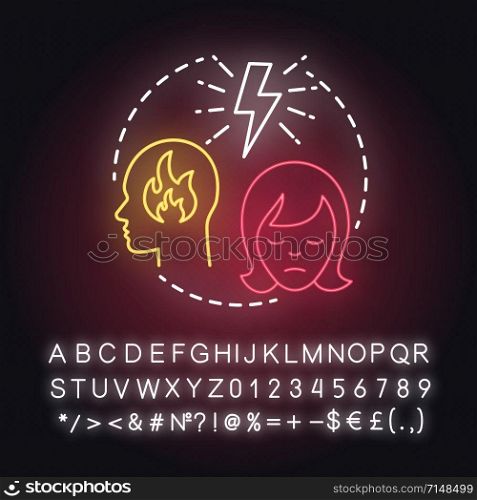 No trust neon light concept icon. Lack of confidence with partner. Distrust. Lost faith. Trouble relationship idea. Glowing sign with alphabet, numbers and symbols. Vector isolated illustration
