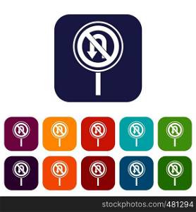 No U turn road sign icons set vector illustration in flat style in colors red, blue, green, and other. No U turn road sign icons set