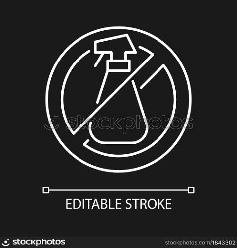 No using cleaning agents white linear manual label icon for dark theme. Thin line customizable illustration. Isolated vector contour symbol for night mode for product use instructions. Editable stroke. No using cleaning agents white linear manual label icon for dark theme