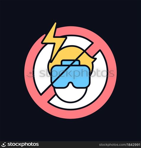 No using if headset causes headache RGB color manual label icon for dark theme. Isolated vector illustration on night mode background. Simple filled line drawing on black for product use instructions. No using if headset causes headache RGB color manual label icon for dark theme