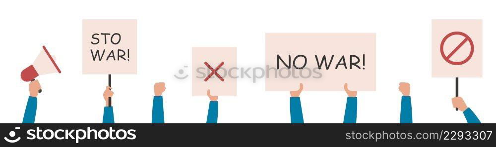 No war. Protest against the war in Ukraine. People with posters. Conflict between Russia and Ukraine. Vector illustration