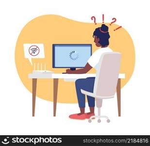 No wifi connection at home 2D vector isolated illustration. Upset woman sitting at computer flat characters on cartoon background. Everyday situation and daily life colourful scene. No wifi connection at home 2D vector isolated illustration