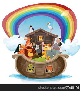 Noah&rsquo;s Ark With Rainbow. Illustration of a cute cartoon group of wild animals inside biblical noah&rsquo;s ark, with lion, elephant, giraffe, gazelle, gorilla monkey, ape, zebra, birds on rainbow background
