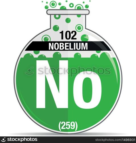 Nobelium symbol on chemical round flask. Element number 102 of the Periodic Table of the Elements - Chemistry. Vector image