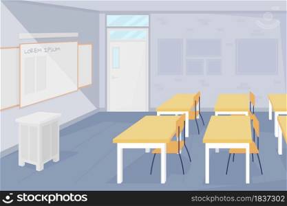 Nobody at school classroom flat color vector illustration. Lessons ban during covid. Epidemic rules and precautions. Empty class 2D cartoon interior with desks and seats on background. Nobody at school classroom flat color vector illustration