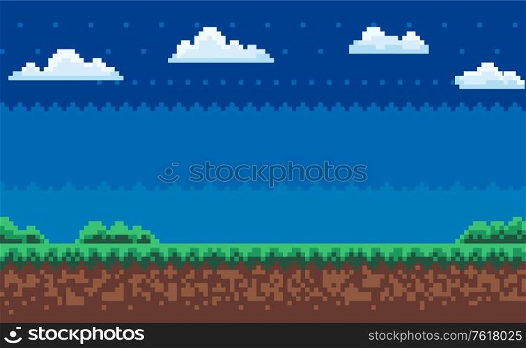 Nobody interface of pixel game platform, evening and sunset view, cloudy sky and green grass with bushes, adventure and level, computer graphic vector, pixelated nature for mobile app games. Computer Graphic of Pixel Game, Evening Map Vector