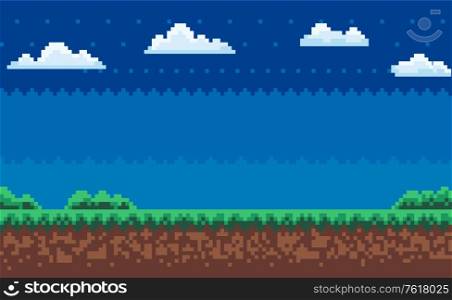 Nobody interface of pixel game platform, evening and sunset view, cloudy sky and green grass with bushes, adventure and level, computer graphic vector, pixelated nature for mobile app games. Computer Graphic of Pixel Game, Evening Map Vector