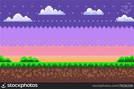 Nobody interface of pixel game platform, evening and sunset view, cloudy sky and green grass with bushes, adventure and level, computer graphic vector. Pixelated mobile app video-game. Computer Graphic of Pixel Game, Evening Map Vector
