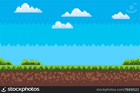 Nobody interface of pixel game platform, evening and sunset view, cloudy sky and green grass with bushes, adventure and level, computer graphic vector, pixelated nature for mobile app games. Computer Graphic of Pixel Game, Evening Map Vector