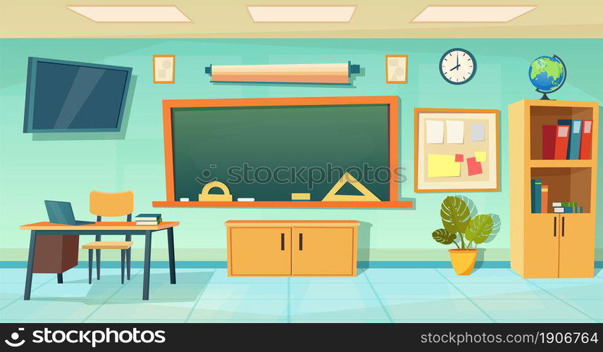 Nobody school classroom interior with teachers desk and blackboard. cartoon School Education background. Classroom interior. Meeting room. Vector illustration in a flat style. Empty classroom. School Education background.