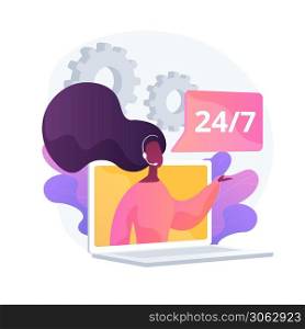 Noctidial technical support. Online assistant, user help, frequently asked questions. Call center worker cartoon character. Woman working at hotline. Vector isolated concept metaphor illustration. Tech support vector concept metaphor