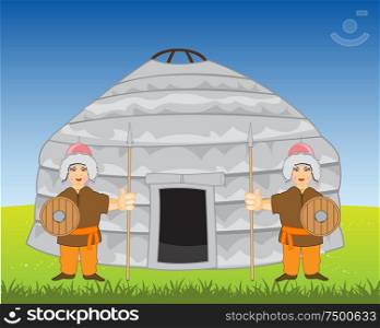 Nomad&rsquo;s tent nomad and warriors protecting entry in steppe. Plague mongolian nomad and warriors guard in steppe