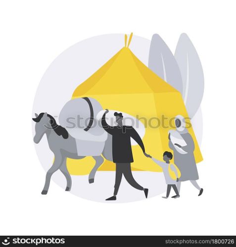 Nomadism abstract concept vector illustration. Without fixed habitation, digital nomad, hunters gatherers pastoral, non-sedentary people, movement, inside tents, riding a horse abstract metaphor.. Nomadism abstract concept vector illustration.