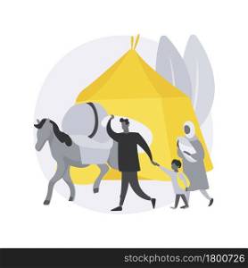 Nomadism abstract concept vector illustration. Without fixed habitation, digital nomad, hunters gatherers pastoral, non-sedentary people, movement, inside tents, riding a horse abstract metaphor.. Nomadism abstract concept vector illustration.