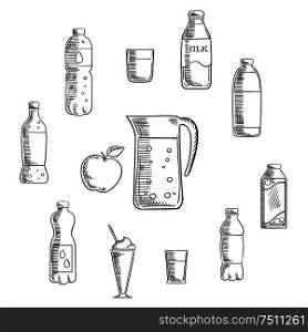 Non alcoholic drinks and beverages sketches set pitcher and fresh apple encircled by bottles of water, milk, juice, cola, lemonade and glasses with cocktails. Vector sketch illustration. Beverages and drinks sketches set
