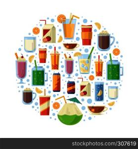 Non alcoholic drinks in circle shape. Vector illustration. Collection of menu different non alcoholic drink cocktail. Non alcoholic drinks in circle shape. Vector illustration