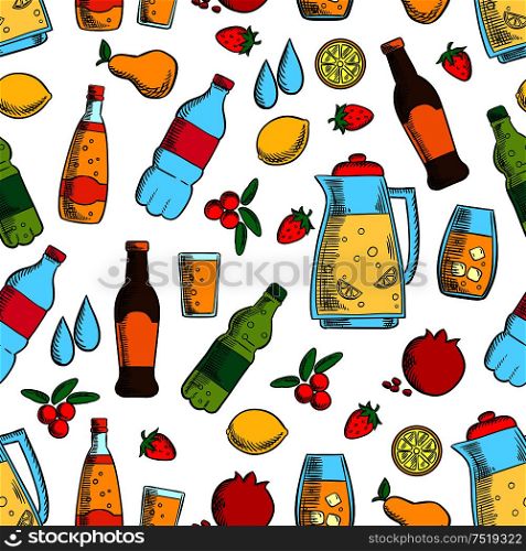 Non-alcoholic drinks with fruits seamless pattern of water, juice, soda and soft beverages, jug of fresh lemonade on white background with lemon, strawberry, pear, cranberry and pomegranate fruits. Non-alcoholic drinks with fruits seamless pattern