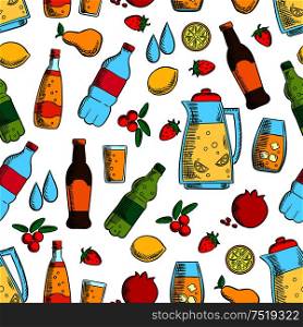 Non-alcoholic drinks with fruits seamless pattern of water, juice, soda and soft beverages, jug of fresh lemonade on white background with lemon, strawberry, pear, cranberry and pomegranate fruits. Non-alcoholic drinks with fruits seamless pattern