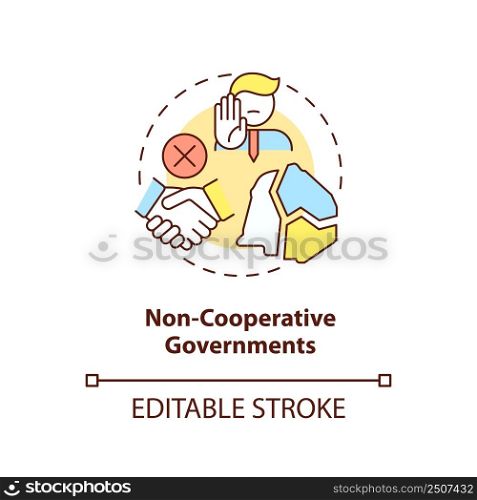 Non cooperative governments concept icon. Lack of international collaboration problem abstract idea thin line illustration. Isolated outline drawing. Editable stroke. Arial, Myriad Pro-Bold fonts used. Non cooperative governments concept icon