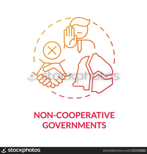 Non cooperative governments red gradient concept icon. Lack of international collaboration problem abstract idea thin line illustration. Isolated outline drawing. Myriad Pro-Bold font used. Non cooperative governments red gradient concept icon
