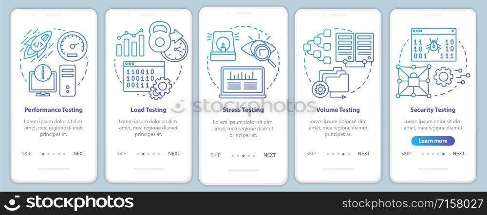 Non-functional software testing onboarding mobile app page screen vector template. Program analysis. Walkthrough website steps with linear illustrations. UX, UI, GUI smartphone interface concept