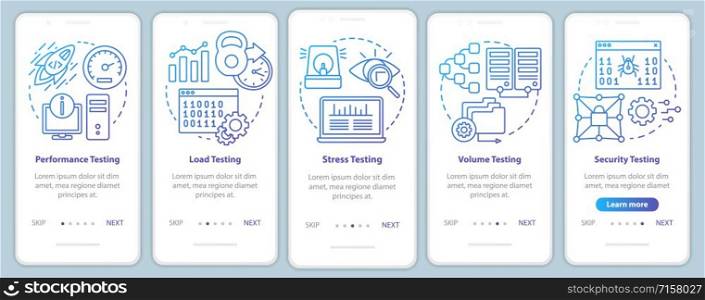 Non-functional software testing onboarding mobile app page screen vector template. Program analysis. Walkthrough website steps with linear illustrations. UX, UI, GUI smartphone interface concept