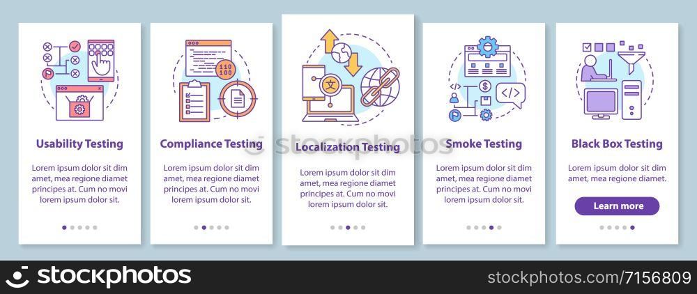 Non-functional software testing onboarding mobile app page screen with linear concepts. Usability analysis walkthrough steps graphic instructions. UX, UI, GUI vector template with illustrations