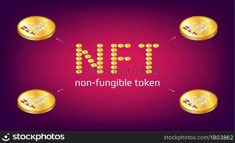 Non fungible tokens infographics NFT word from golden coins with isometric coins around on red background. Pay for unique collectibles in games or art. Vector illustration.