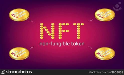 Non fungible tokens infographics NFT word from golden coins with isometric coins around on red background. Pay for unique collectibles in games or art. Vector illustration.