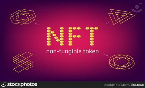 Non fungible tokens infographics NFT word from golden coins with unique icon around on red background. Pay for unique collectibles in games or art. Vector illustration.