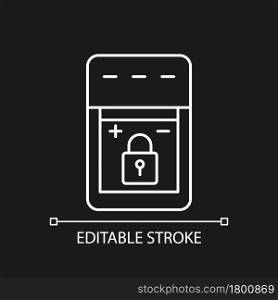 Non-replaceable battery white linear manual label icon for dark theme. Thin line customizable illustration. Isolated vector contour symbol for night mode for product use instructions. Editable stroke. Non-replaceable battery white linear manual label icon for dark theme