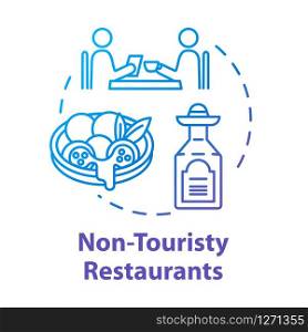 Non touristy restaurants concept icon. Inexpensive lunch, affordable dinner idea thin line illustration. Money saving option for tourists. Vector isolated outline RGB color drawing