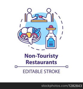 Non touristy restaurants concept icon. Inexpensive lunch, affordable dinner idea thin line illustration. Money saving option for tourists. Vector isolated outline RGB color drawing. Editable stroke