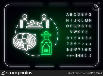 Non touristy restaurants neon light concept icon. Inexpensive lunch, affordable dinner idea. Outer glowing sign with alphabet, numbers and symbols. Vector isolated RGB color illustration