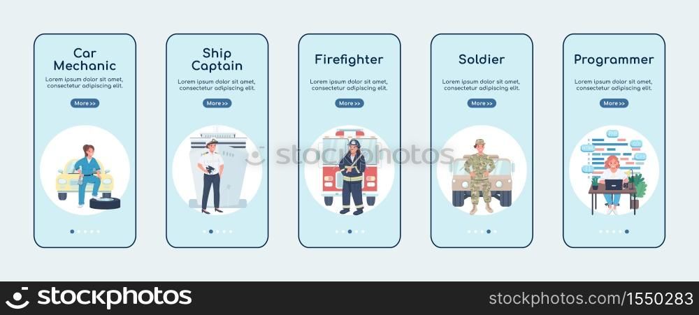 Non traditional women jobs onboarding mobile app screen flat vector template. Ship captain. Walkthrough website steps with characters. UX, UI, GUI smartphone cartoon interface, case prints set. Non traditional women jobs onboarding mobile app screen flat vector template
