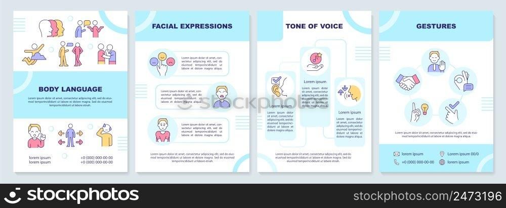 Non-verbal communication turquoise brochure template. Tone of voice. Leaflet design with linear icons. 4 vector layouts for presentation, annual reports. Arial-Black, Myriad Pro-Regular fonts used. Non-verbal communication turquoise brochure template